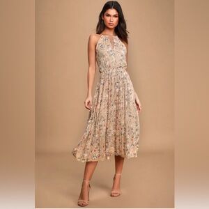 Beat of the Music Beige Floral Print Pleated Midi Dress Lulus Dress Size Large